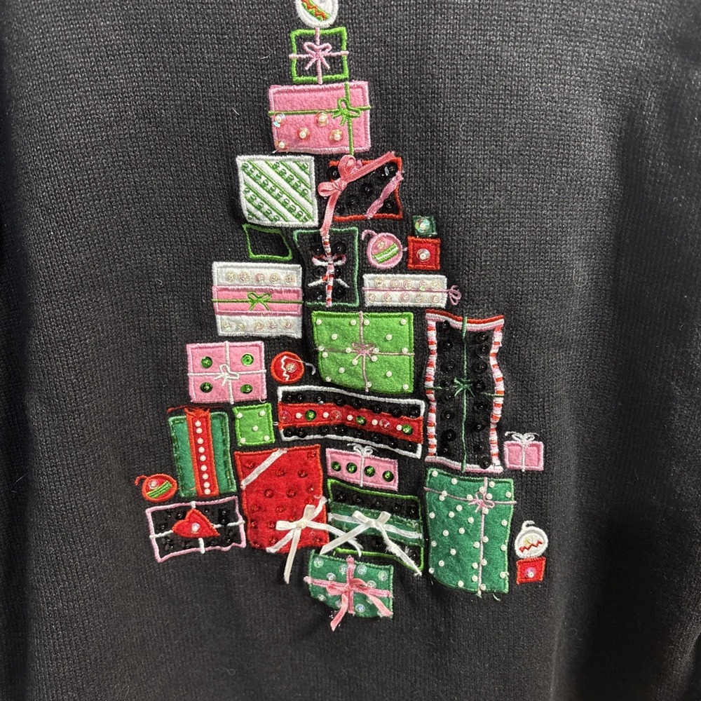 Quacker Factory Womens XL Black Pink Knit Ugly Christmas Sweater Tree Sweater - Picture 3 of 7